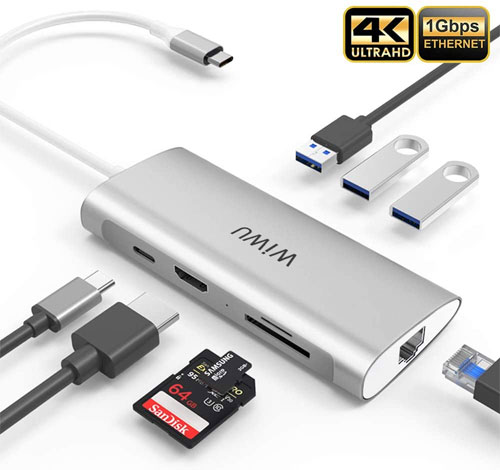 WiWU Alpha Type C Hub 8 in 1 Adapter with USB C to HD MI 3USB Card Reader Multifunctional USB HUB