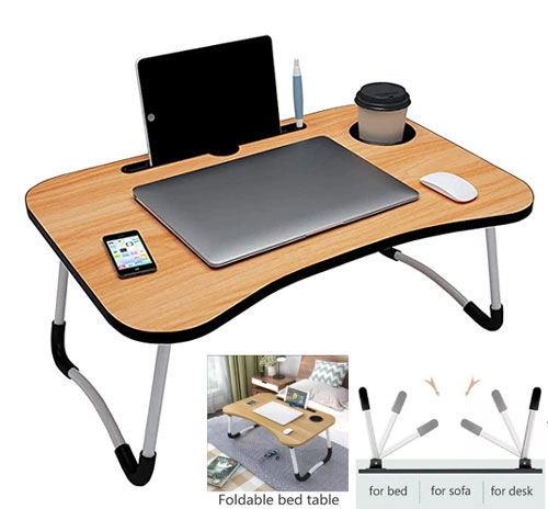 Wooden Laptop Table Folding Study Table Portable Bed Table High Quality Stand Shiny Cup Holder & Notebook & Tablet Stand (Random Colours)